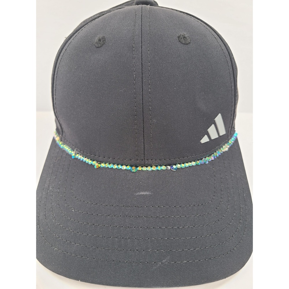 Adidas Aeroready Black Baseball Cap Rhinestone Trim Elastic Back ThreeStripeLife